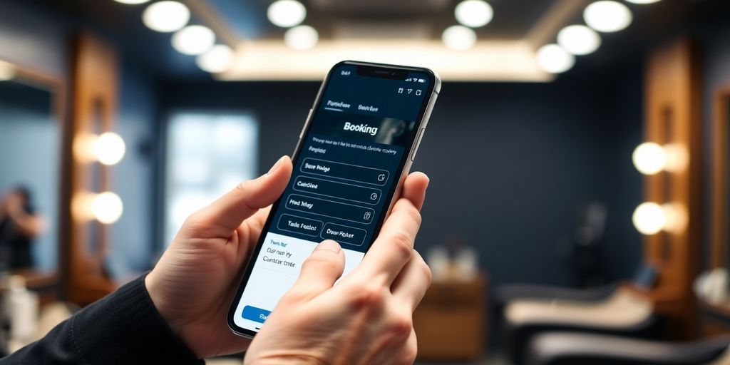 Barber's hands scheduling appointments on a phone.
