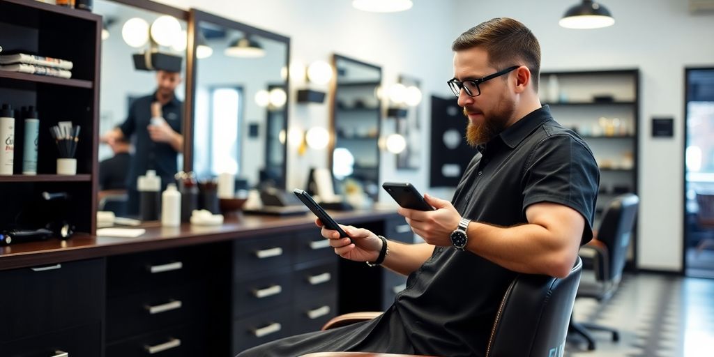 Barber at desk with smartphone and calendar.