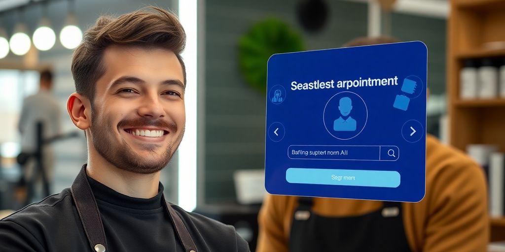 Barber cutting hair while AI assistant smiles.