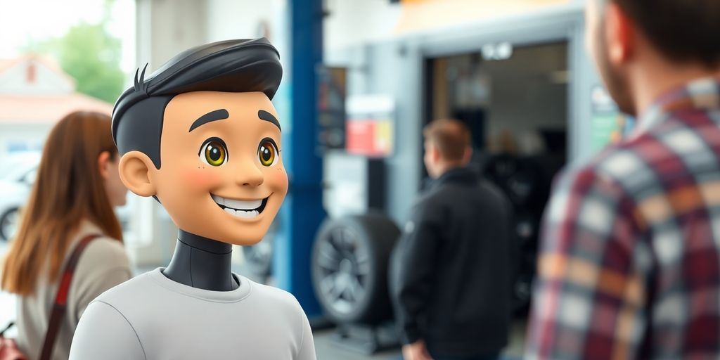 AI receptionist assisting diverse customers at a tire shop.