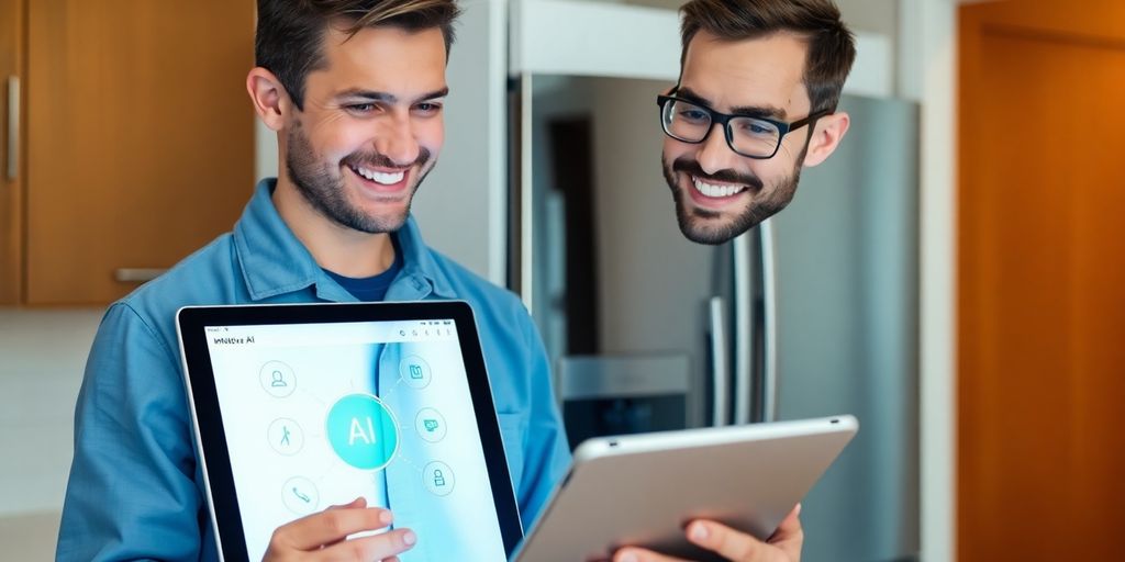 Technician using tablet with AI interface.