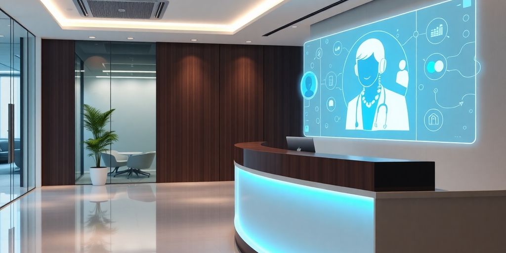 Lawyer using AI reception desk.