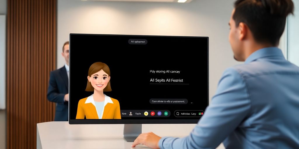 Lawyer speaking with client, AI receptionist nearby.
