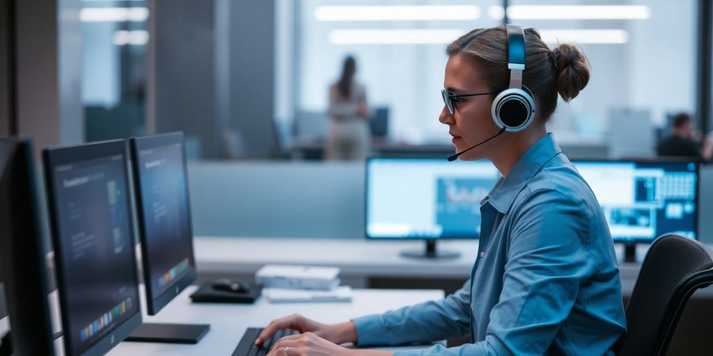Lawyer using AI receptionist headset.
