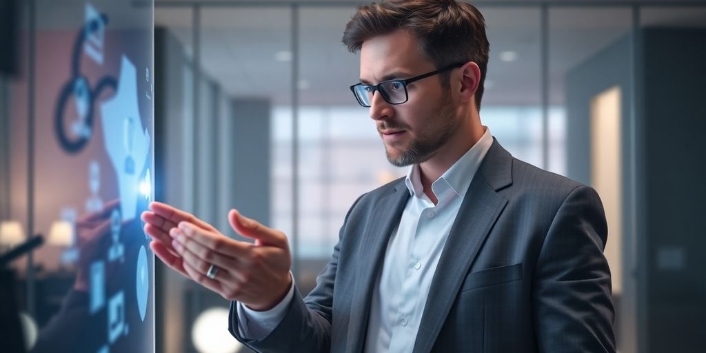 Lawyer smiling near a futuristic desk with digital interface.