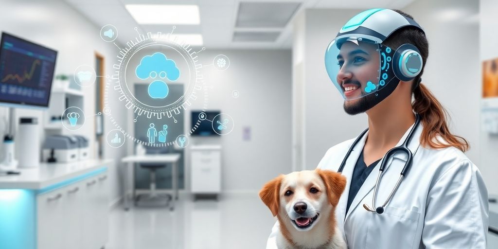 Veterinarian interacting with advanced AI receptionist.