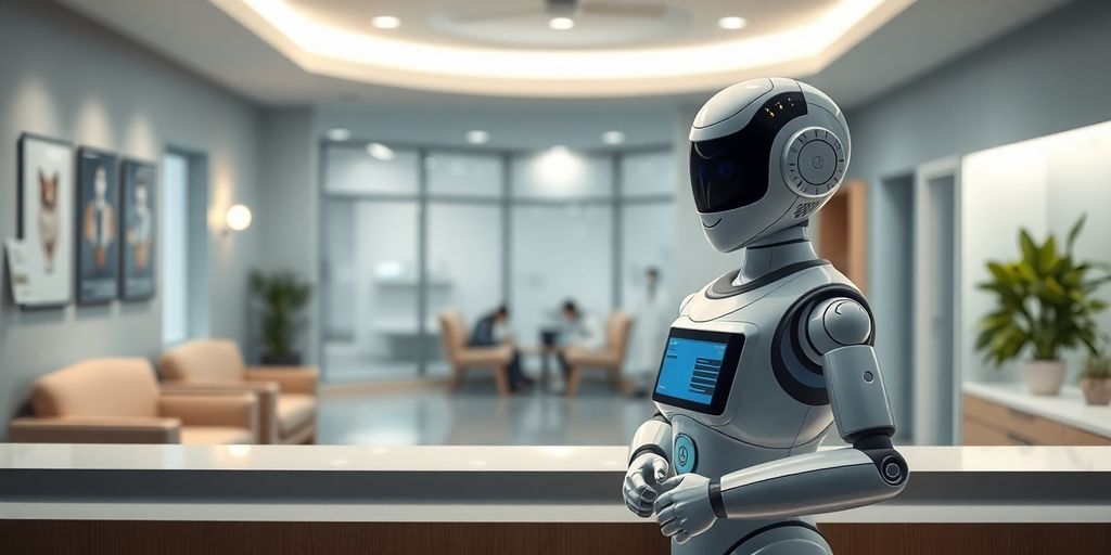 Veterinary clinic reception desk with friendly AI robot.