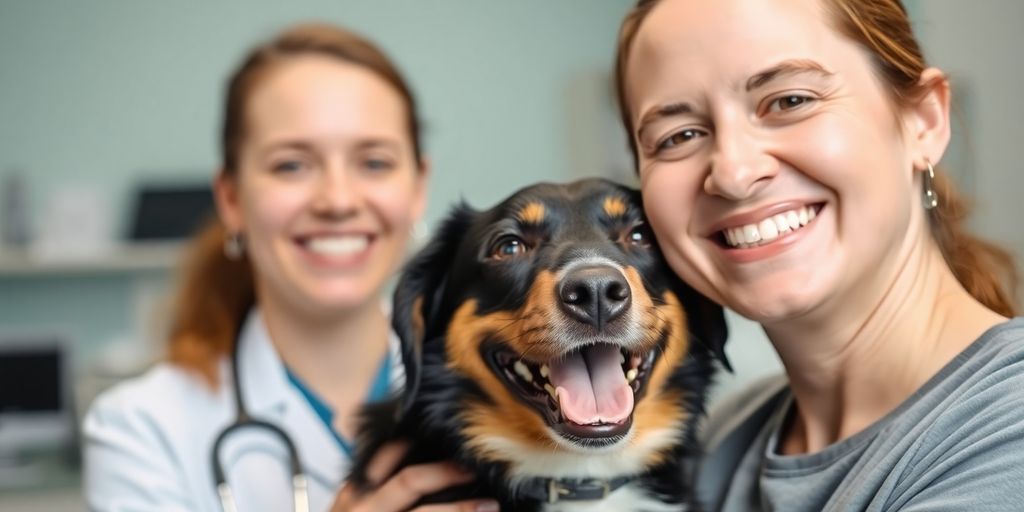 Veterinarian interacting with happy pet owner.