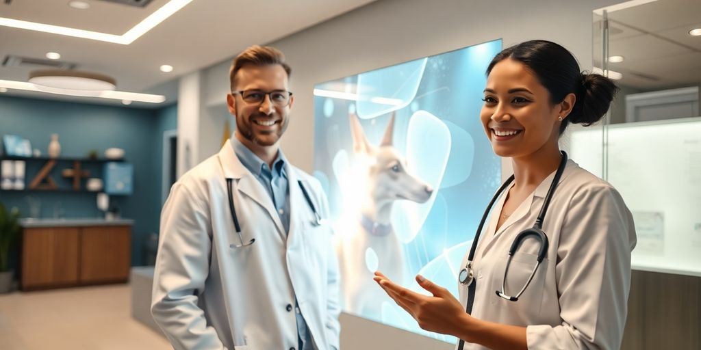 Veterinarian interacting with AI receptionist interface.