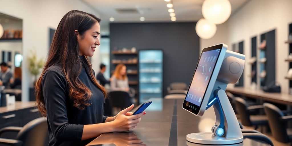 Stylist and client happy with AI phone assistant.