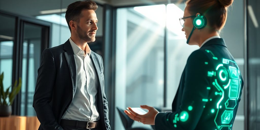 Real estate agent with AI receptionist hologram.
