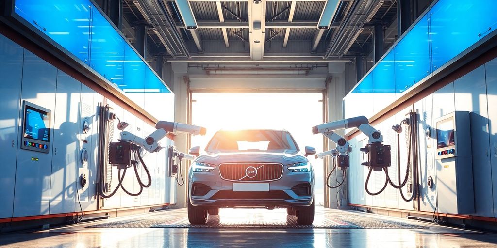 Car wash bay with a digital interface.