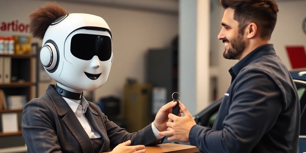 Mechanic and AI interacting at auto repair shop desk.