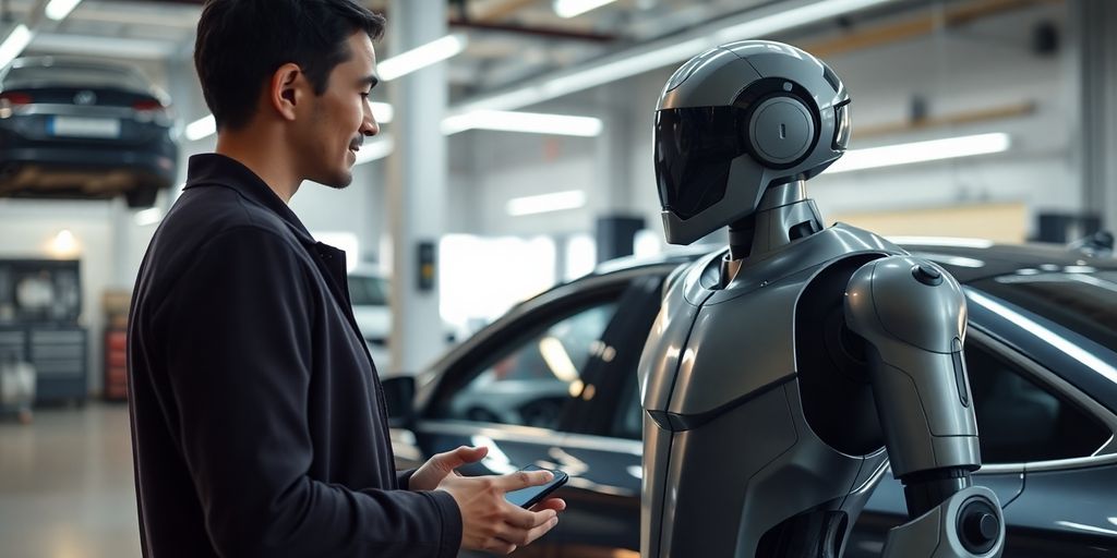 AI receptionist greeting a customer at an auto repair shop.