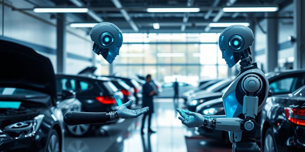 AI receptionist interacting with car in repair shop.