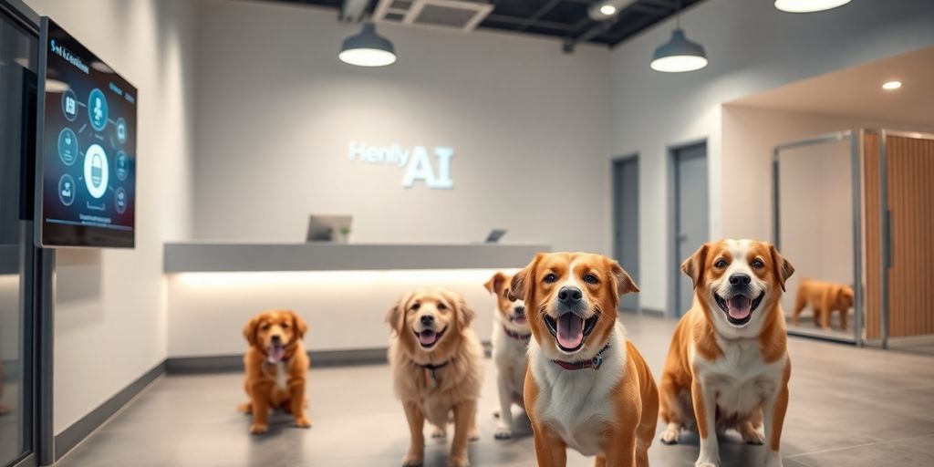AI receptionist interacting with happy dogs at a pet boarding kennel.