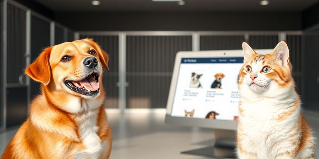 Friendly dog and cat interacting with AI receptionist interface.