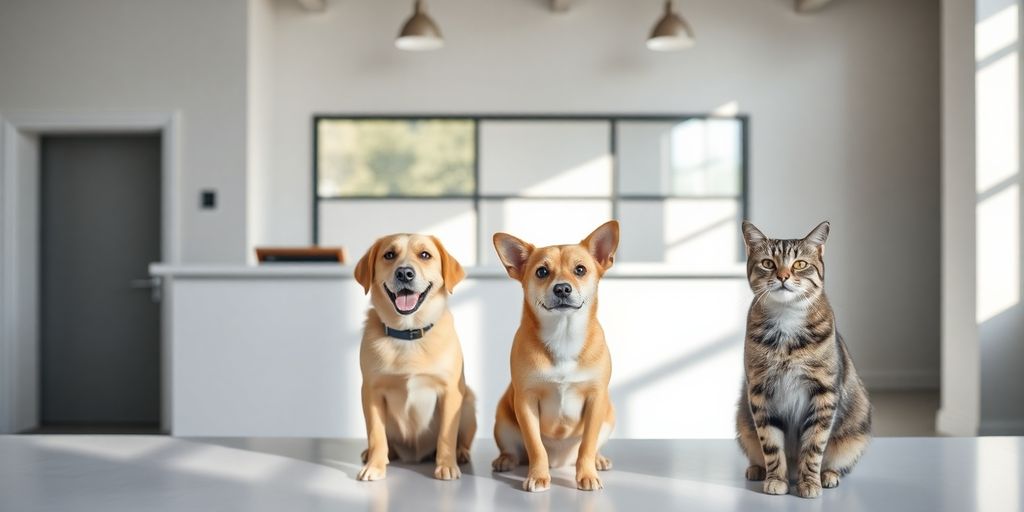 Happy dog and cat at a clean kennel reception.