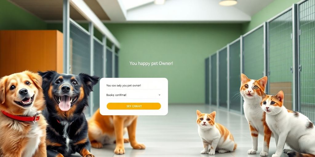 AI receptionist assisting happy pets at a boarding kennel.