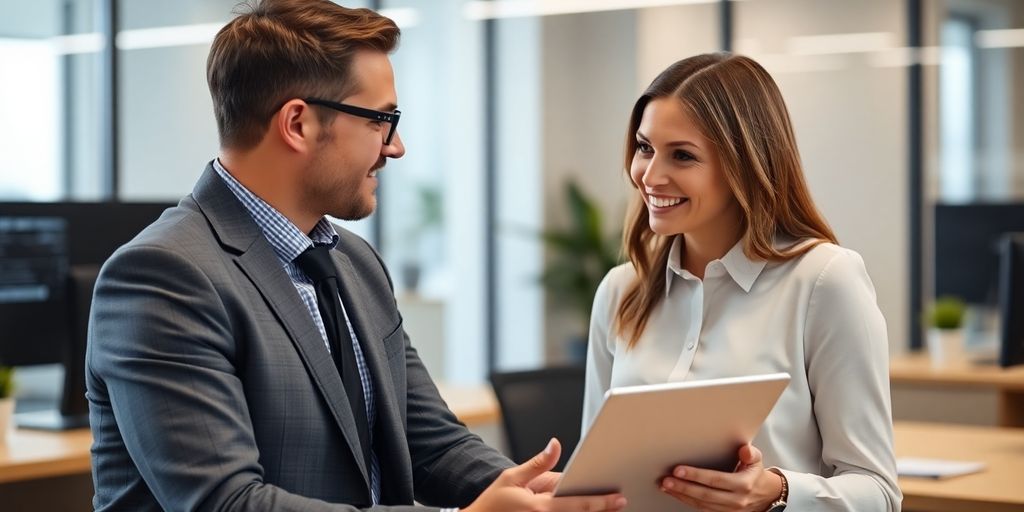 Accountant interacting with a smiling AI receptionist.