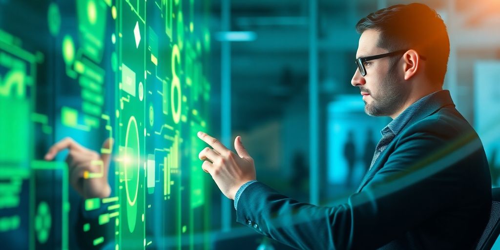 Accountant using futuristic AI interface.