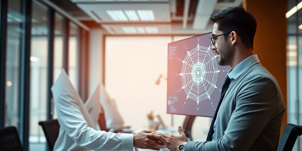 Accountant at desk with AI assistant interface.