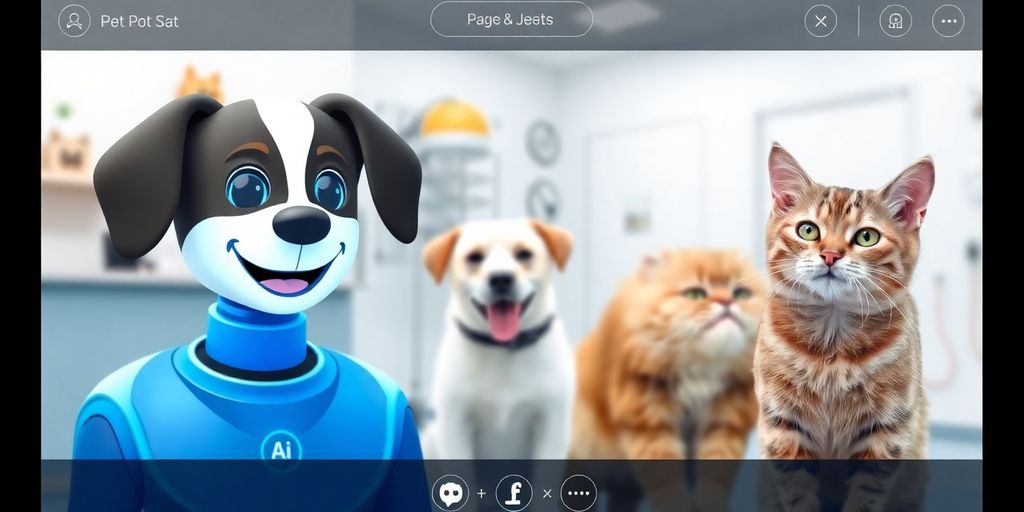 A happy dog and cat interacting with a friendly AI.