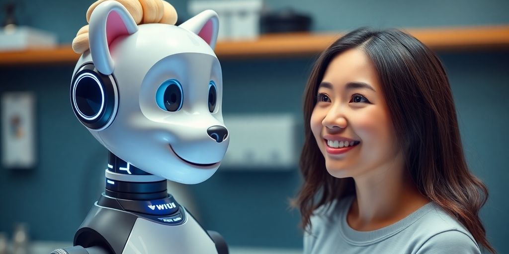 AI receptionist greeting a happy pet owner.