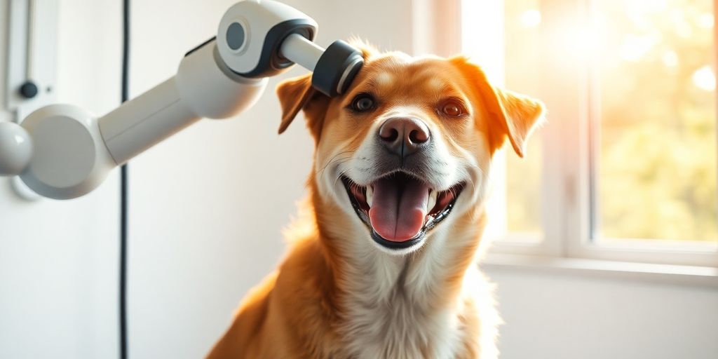 Smiling pet receives grooming from AI.