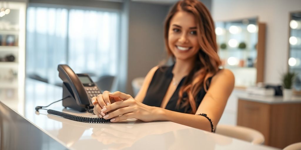 Nail salon receptionist talking on phone