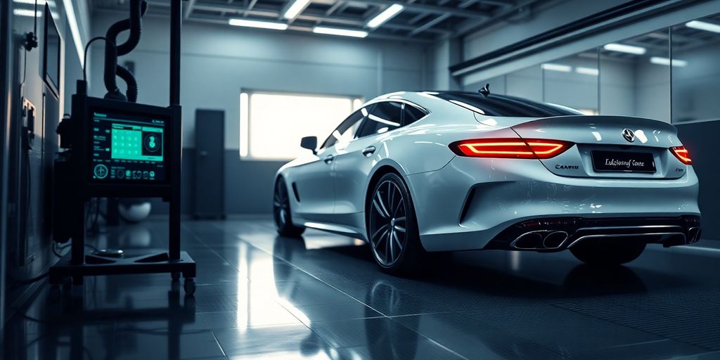 Car detailing bay with AI assistant interface.