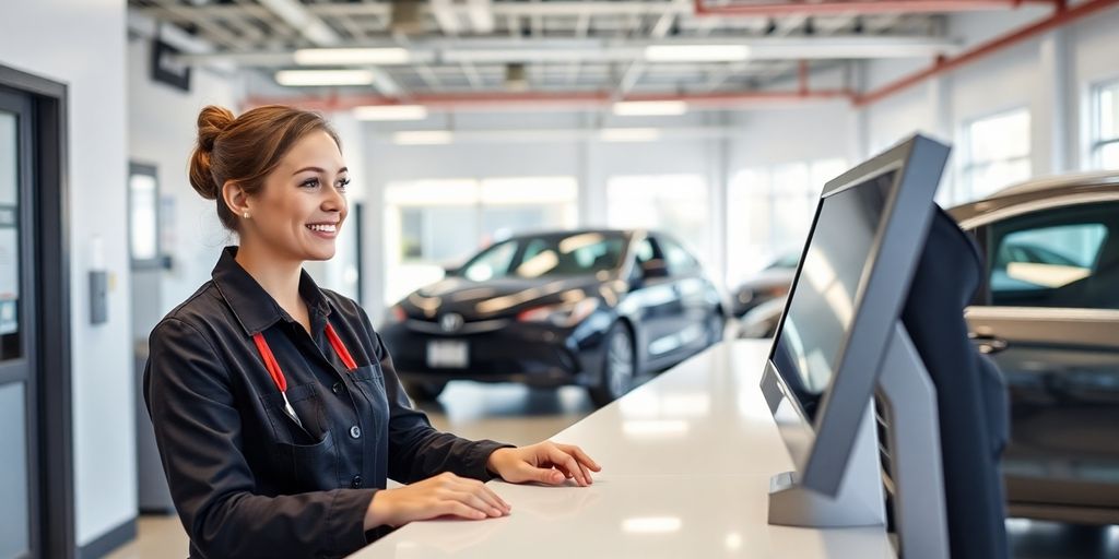 Smiling person at a modern auto detailing reception desk.