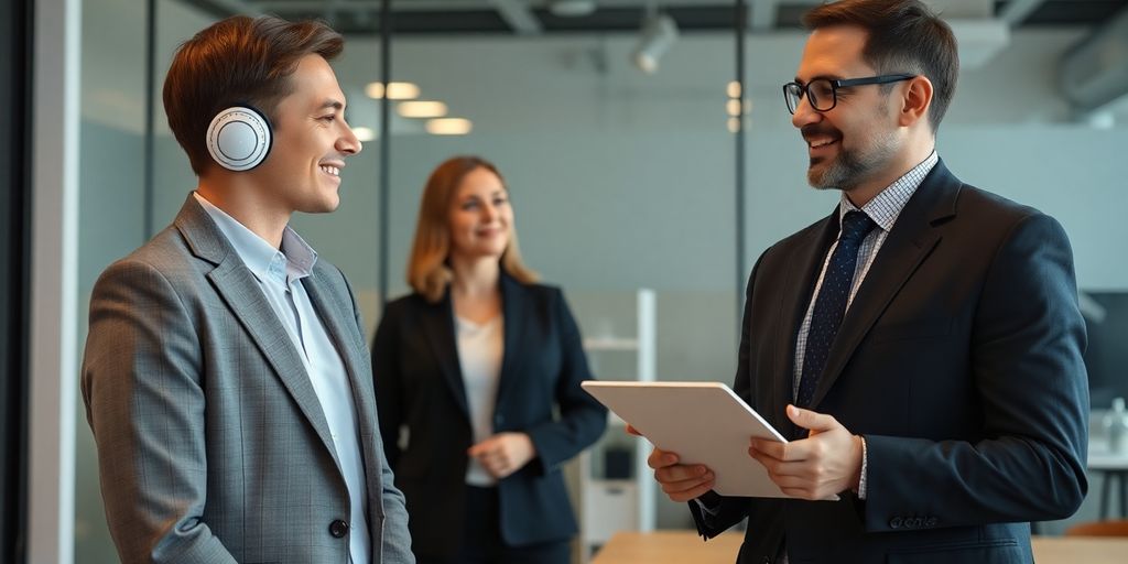 Immigration lawyer interacting with a calm client.