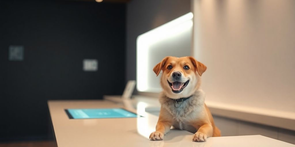 Happy dog interacting with a friendly AI receptionist interface.