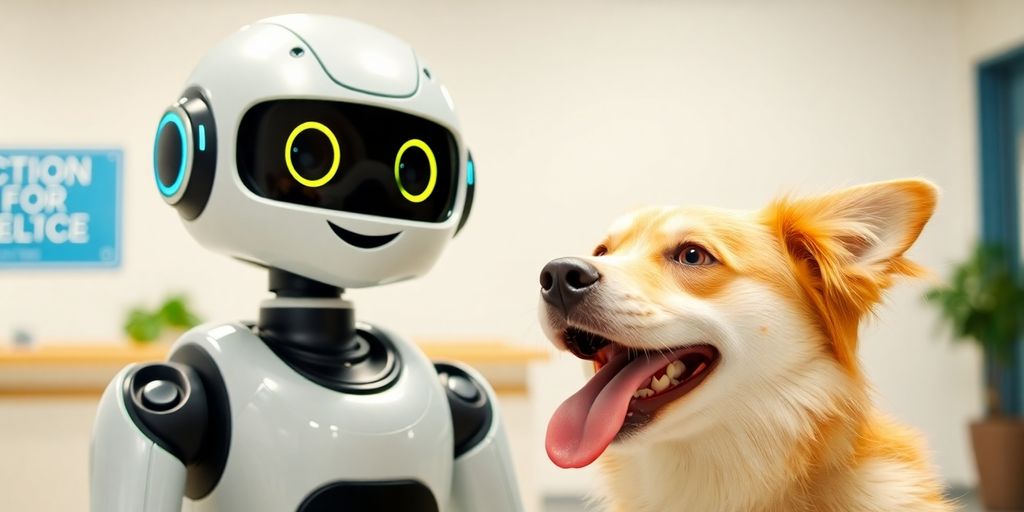 A friendly robot assisting a happy dog at a daycare counter.
