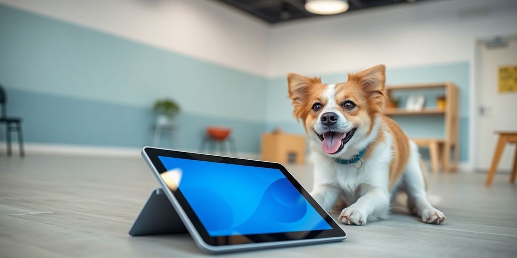 Dog in daycare, happy, interacting with technology.