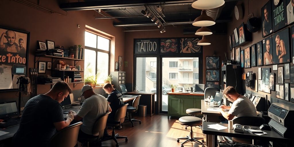 Modern tattoo artists working efficiently.
