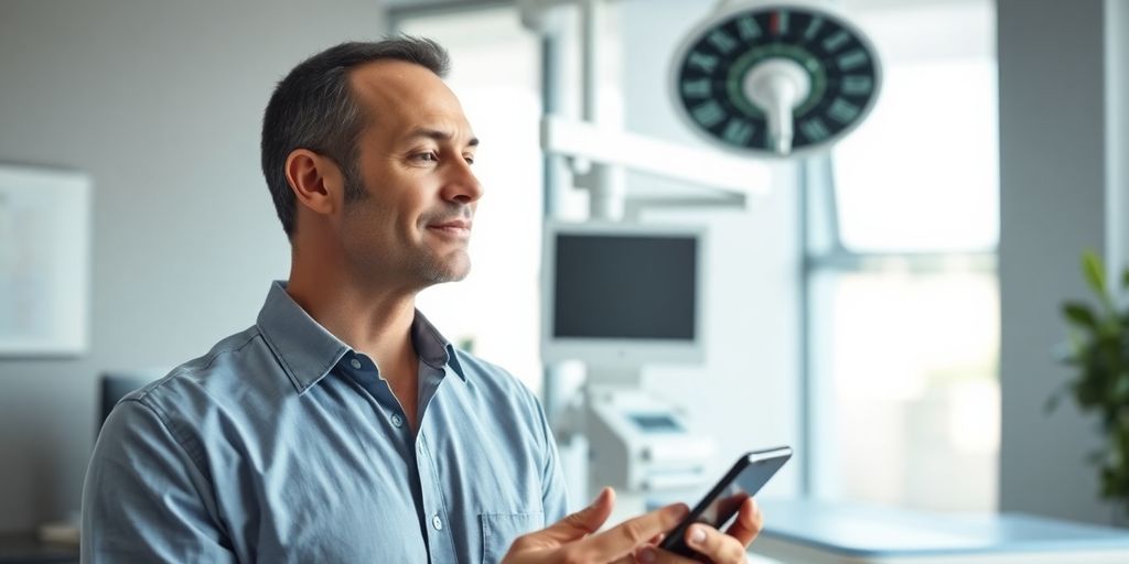 Chiropractor using modern phone technology in practice.