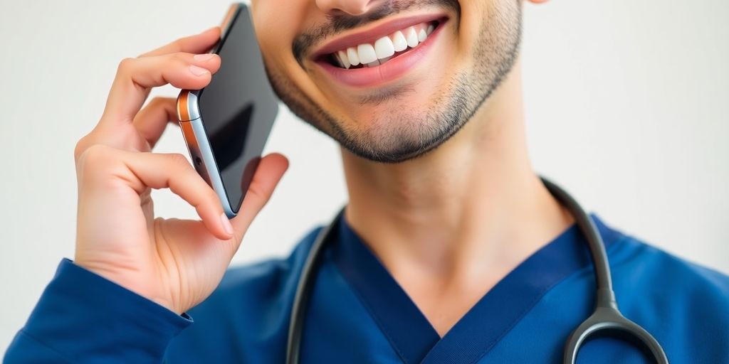 Chiropractor smiling while speaking on a phone.