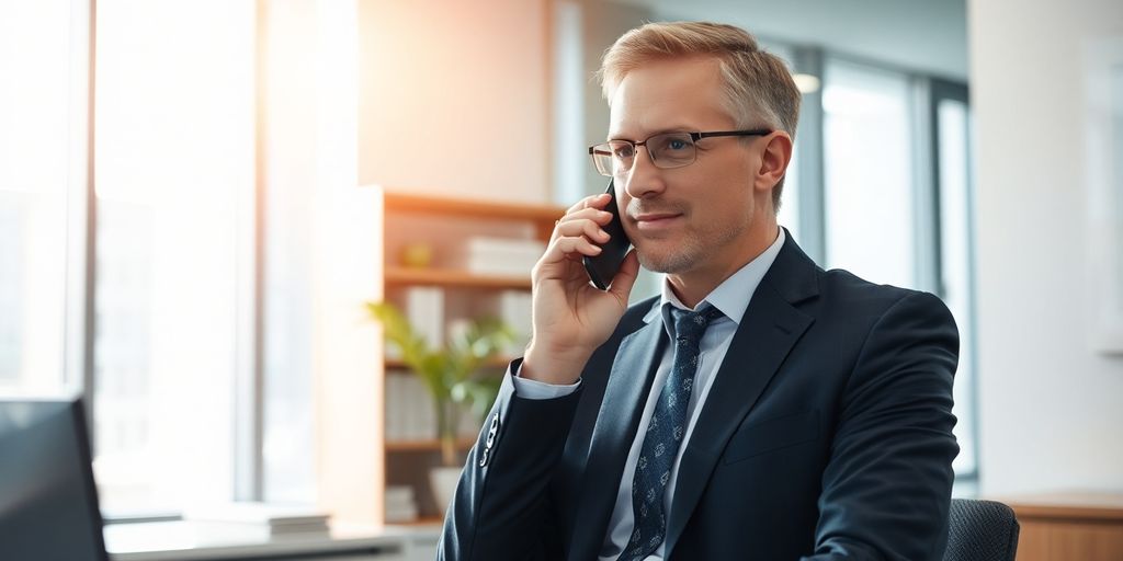 Lawyer in office using phone with AI assist.