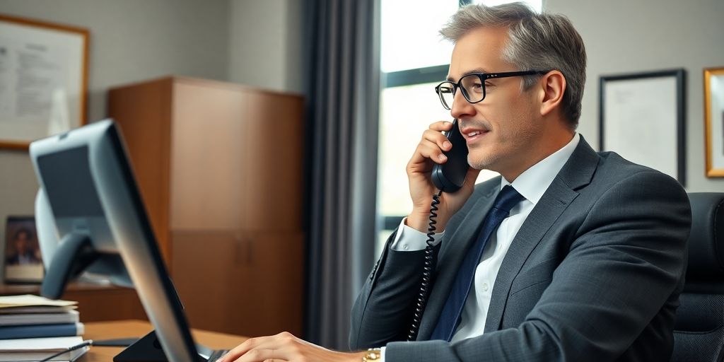 Lawyer speaking professionally on a modern phone.