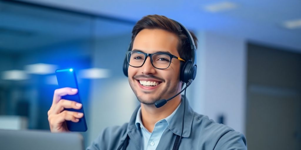 Smiling pest control professional using a futuristic phone headset.