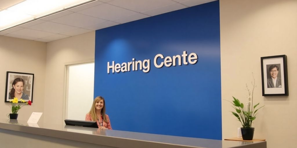 Modern hearing center interior with a friendly receptionist.