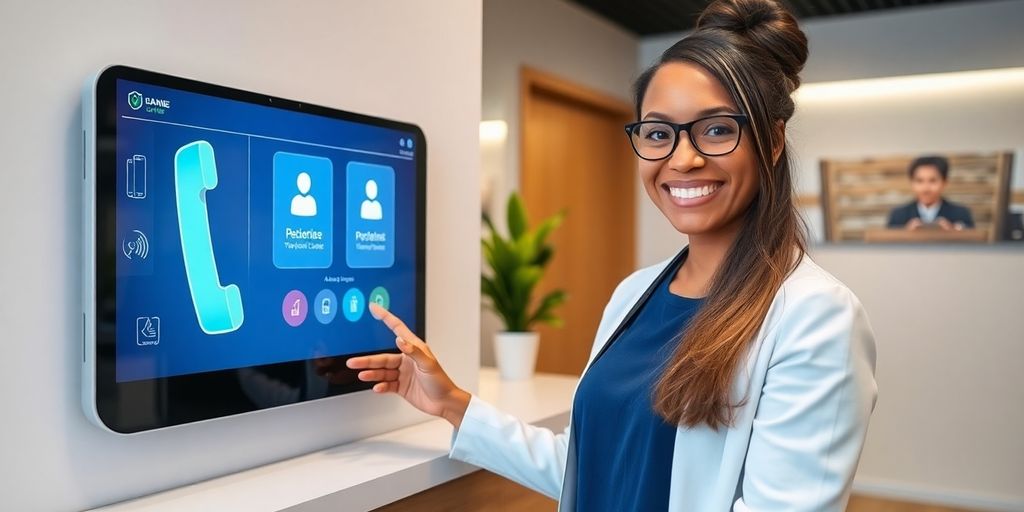 Hearing center desk with advanced AI phone system.