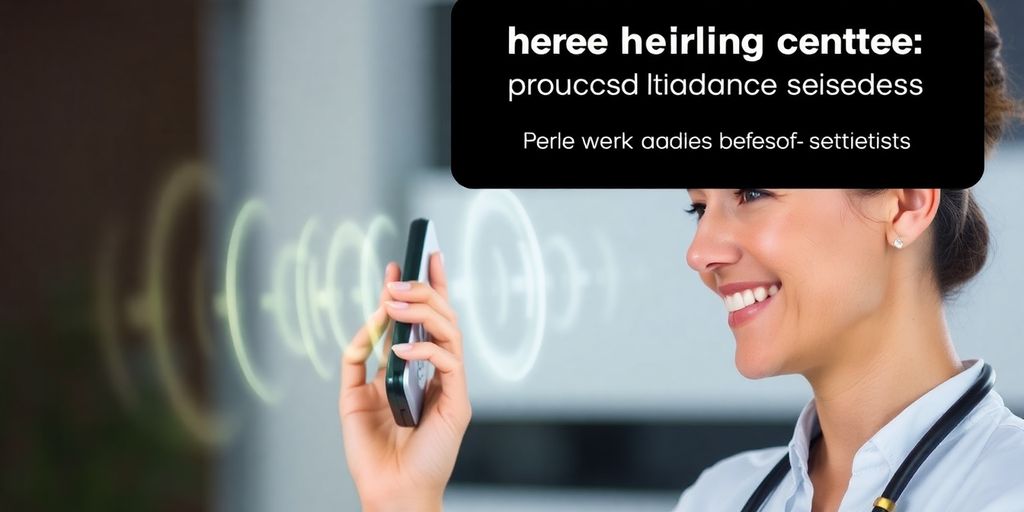 Smiling professional using a phone beside abstract sound waves.