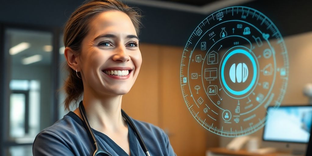 Hearing center staff interacting with AI assistant.