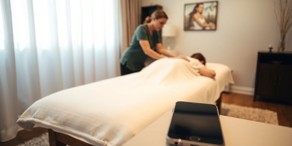 Massage therapist with client, phone ringing nearby.