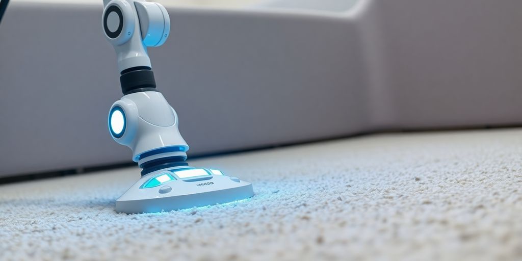 AI robot arm cleaning a pristine carpet.
