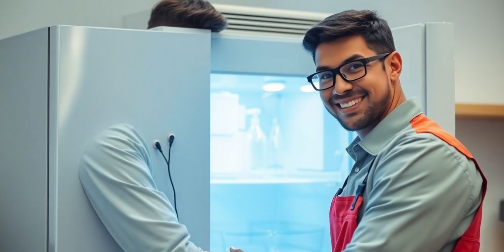 Technician fixing appliance with AI overlay