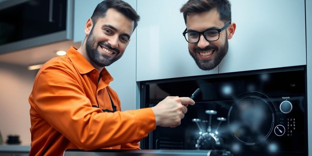 Technician fixing refrigerator with AI assistant nearby